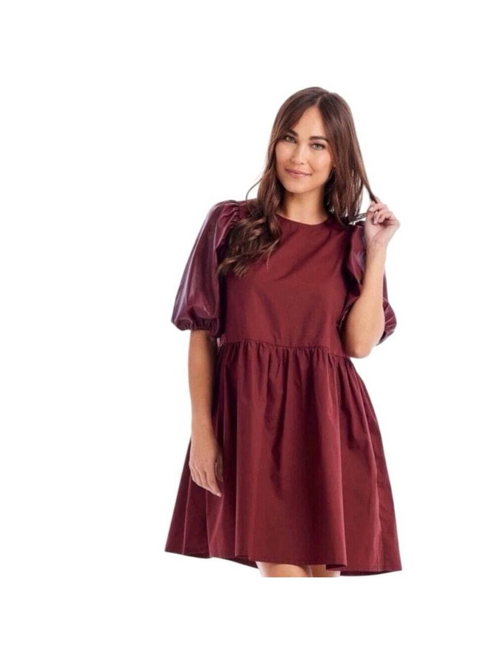 Mud Pie Burgundy Faux Leather Woven A-Line Short Puff Sleeve Keyhole Dress L NWT